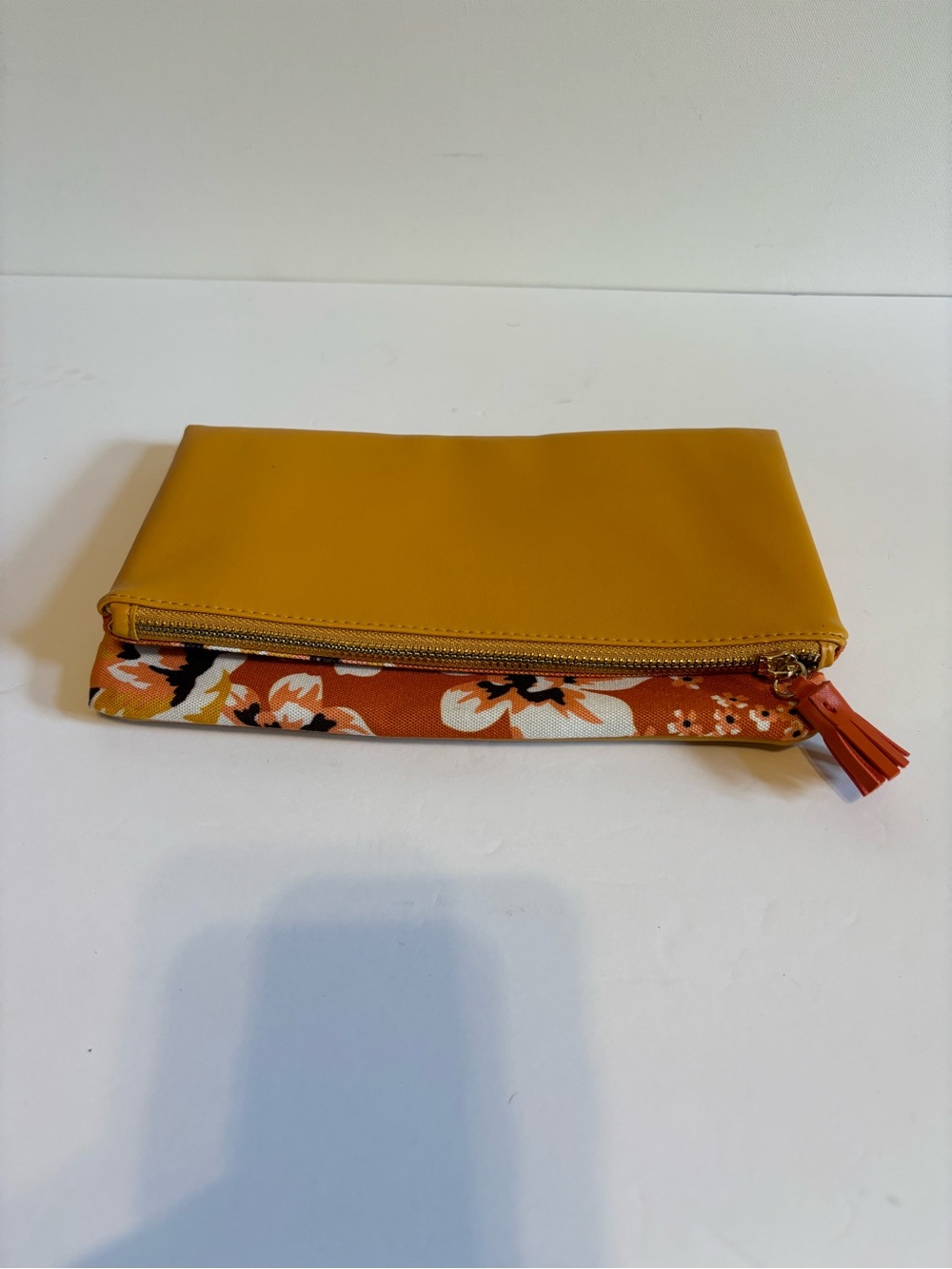 Rachel Pally Yellow Leather
Zip Clutch with Orange Floral Trim